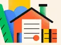 Illustration abstraite d'une maison avec des formes géométriques colorées. Le concept de servitude par destination du père de famille est représenté par l'ensemble harmonieux des éléments.