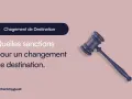 Marteau de juge sur fond rose, avec le texte "Changement de Destination" et "Quelles sanctions pour un changement de destination.