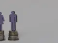 Silhouettes d'homme et de femme sur des piles de pièces. Le message est clair : travail égal, salaire égal.