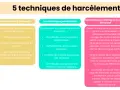 Infographie listant 5 techniques de harcèlement au travail : relationnelles, isolement, persécutives, attaque du geste de travail, punitives. Exemples concrets de harcèlement moral au travail.