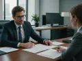 Un homme en costume signe un document, possiblement une modification du contrat de travail, face à une femme dans un bureau moderne.