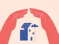 Deux mains protègent une maison bleue stylisée, symbolisant un congé pour reprise ou une protection.
