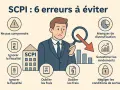 Illustration sur les erreurs à éviter en SCPI, incluant l'ignorance de la fiscalité. Un homme examine des graphiques avec une loupe.