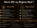 Comparaison entre le micro-BIC et le régime réel pour les entreprises. Le micro-BIC offre simplicité et forfait, idéal pour les petites structures. Le régime réel permet déduction des charges réelles.