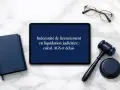 Tablette affichant "Indemnité de licenciement en liquidation judiciaire : calcul, AGS et délais", à côté d'un carnet bleu et d'un maillet de juge.