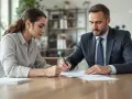 Un homme et une femme signent des documents. Un avis d'abandon de poste arrangé est peut-être en cours de finalisation.