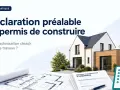 Guide pratique sur la déclaration préalable ou le permis de construire. Plans, maison moderne et formulaire d'urbanisme.