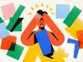 Personne accablée par des formes colorées, symbolisant le burn out fonction publique. Mains sur la tête, visage triste.