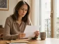 Femme soucieuse lisant une lettre, peut-être une relance pour 1 mois de loyer impayé. Une tasse de café à côté.
