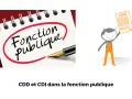 Illustration sur le CDI et CDD dans la fonction publique, avec un carnet "Fonction publique" et un personnage tenant un CDD.