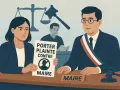 Une femme porte plainte contre un maire, dénonçant un abus de pouvoir dans une affaire de permis de construire. Le maire, visiblement préoccupé, est assis face à elle.