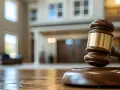 Marteau de juge sur une table en bois, prêt pour une vente par adjudication dans une maison spacieuse.