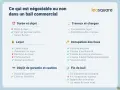 Tableau des éléments négociables ou non dans un bail commercial, incluant loyer, durée, travaux, occupation et fin de bail.