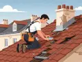 Un couvreur inspecte un toit endommagé, signe d'un défaut d'étanchéité. La garantie décennale couvre ces réparations.