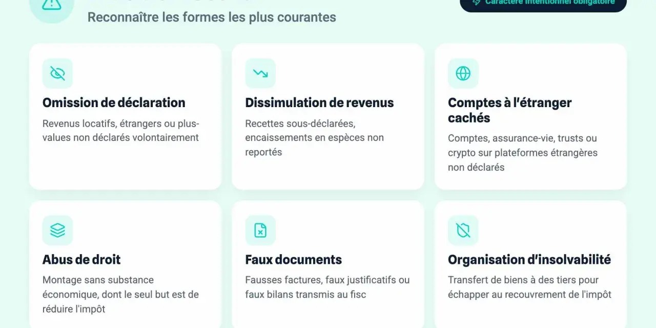 Infographie sur la fraude fiscale, détaillant ses formes courantes : omission de déclaration, dissimulation de revenus, comptes à l'étranger cachés, abus de droit, faux documents, organisation d'insolvabilité.