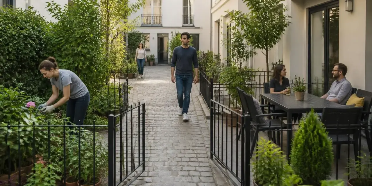 Cour intérieure paisible. Une femme jardine, un homme marche, un couple discute à table. La **servitude non altius tollendi** garantit la vue dégagée.