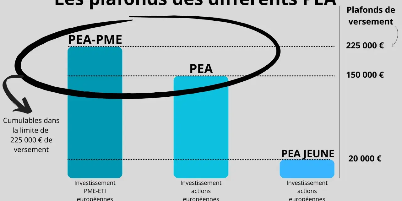 Graphique comparant les plafonds de versement des PEA : PEA-PME (225k€), PEA (150k€) et PEA Jeune (20k€). Il explique comment fonctionne un PEA.