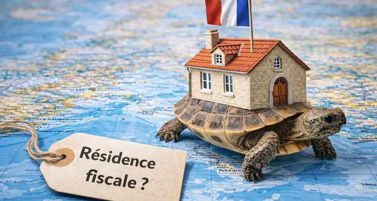 Une tortue porte une maison avec un drapeau français, sur une carte du monde. Une étiquette demande : "Résidence fiscale ?".