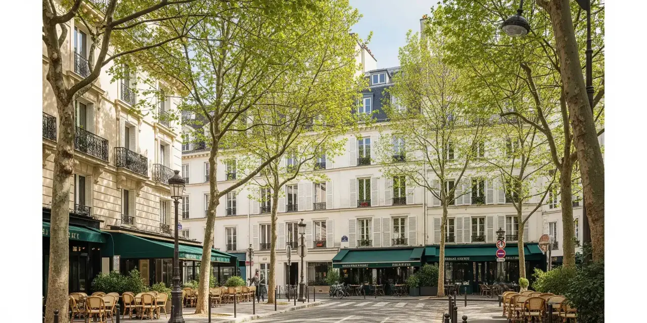 Rue parisienne bordée d'arbres feuillus, immeubles haussmanniens, terrasses de café. Un décor idéal pour rêver à comment acheter un appartement.