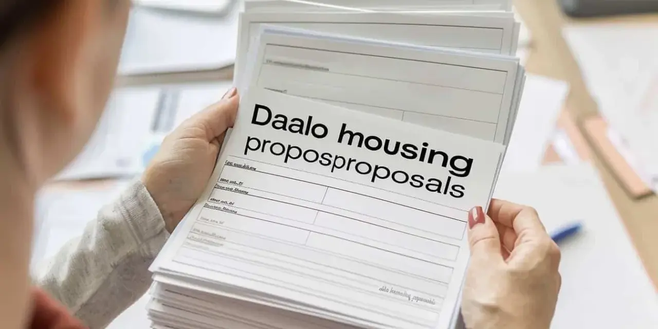 Une personne examine une pile de documents intitulés "Daalo housing proposproposals". Difficile de dire combien de propositions de logement DALO sont incluses.