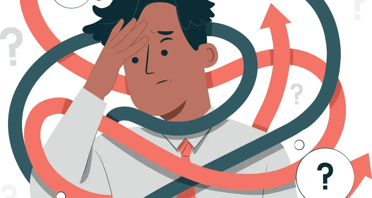 Homme stressé, entouré de flèches et de points d'interrogation, symbolisant la complexité d'une convocation inspection du travail.