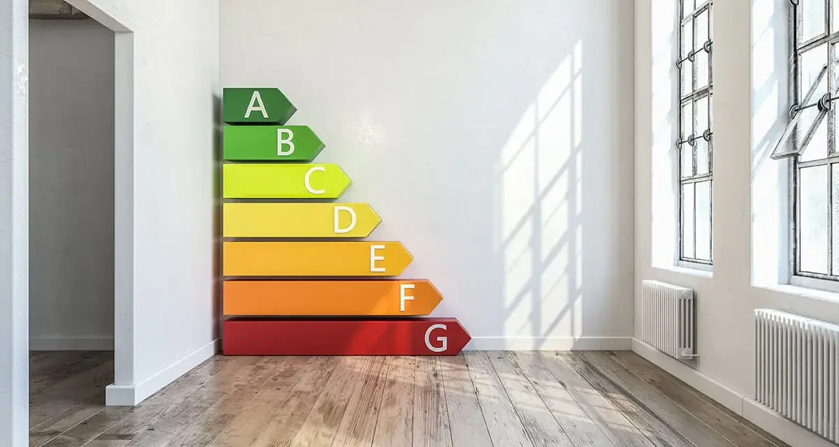 Étiquette énergétique A-G dans une pièce vide. La jurisprudence sur l'absence de DPE en location est un sujet important pour les propriétaires.