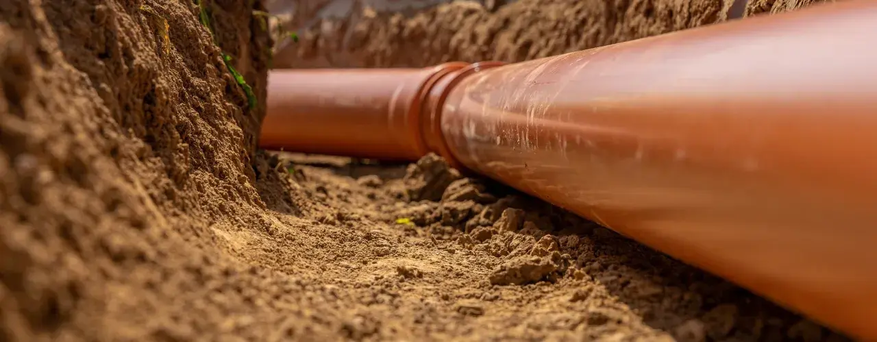 Gros plan sur une canalisation orange dans une tranchée. La servitude de canalisation enterrée est en cours d'installation, prête à être recouverte de terre.
