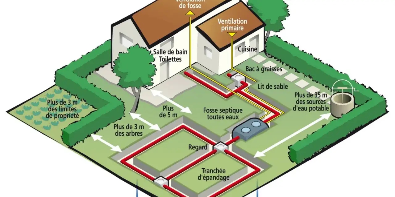 Schéma d'un système d'assainissement individuel : maison, fosse septique, bac à graisses, lit de sable, tranchées d'épandage et puits.