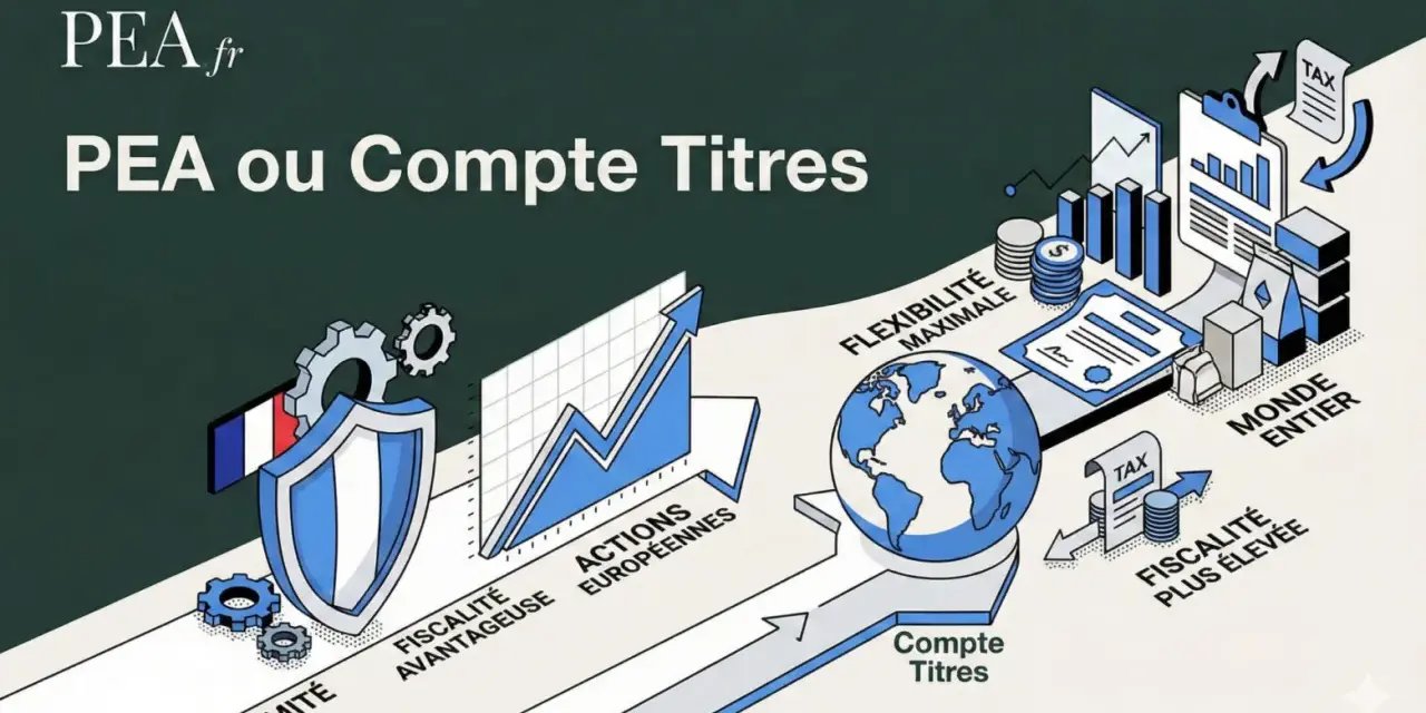 Comparaison entre PEA et compte titre ordinaire : le PEA offre une fiscalité avantageuse et des actions européennes, tandis que le compte titre propose une flexibilité maximale pour investir dans le monde entier.