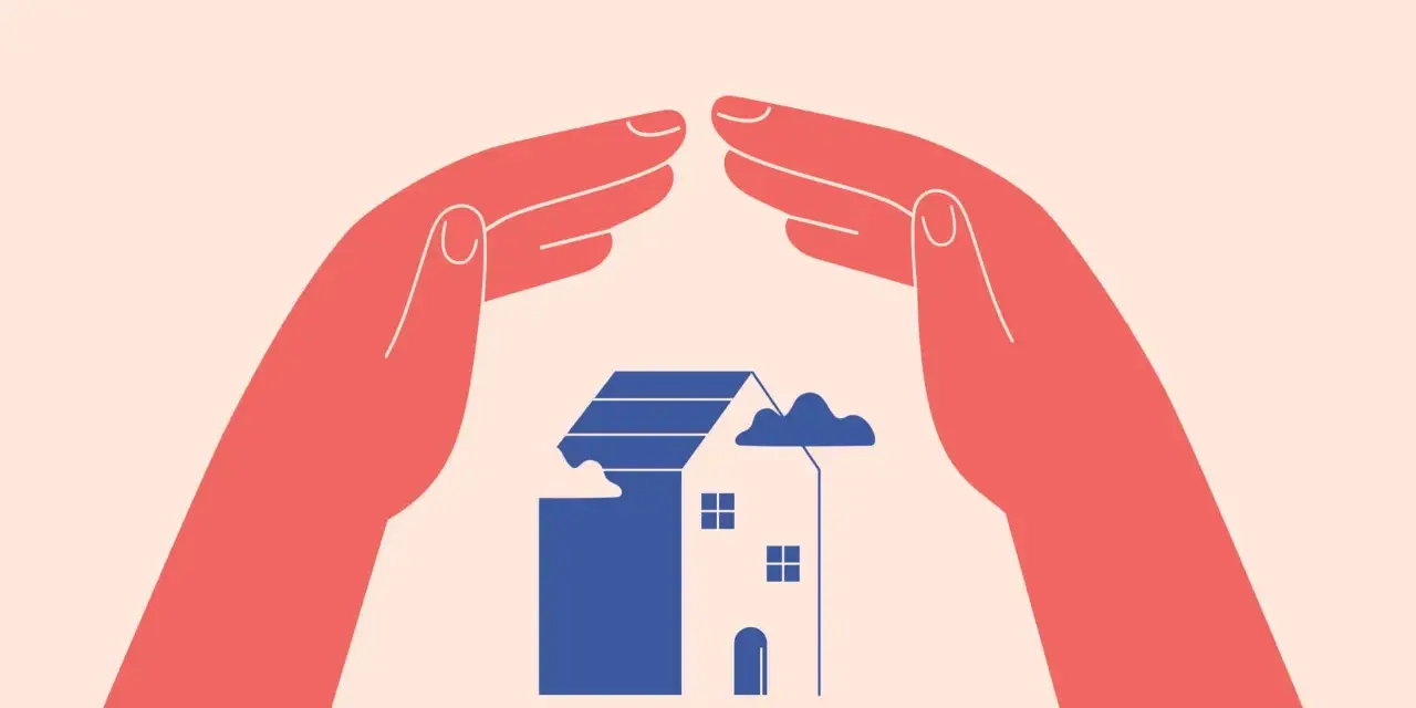 Deux mains protègent une maison bleue stylisée, symbolisant un congé pour reprise ou une protection.