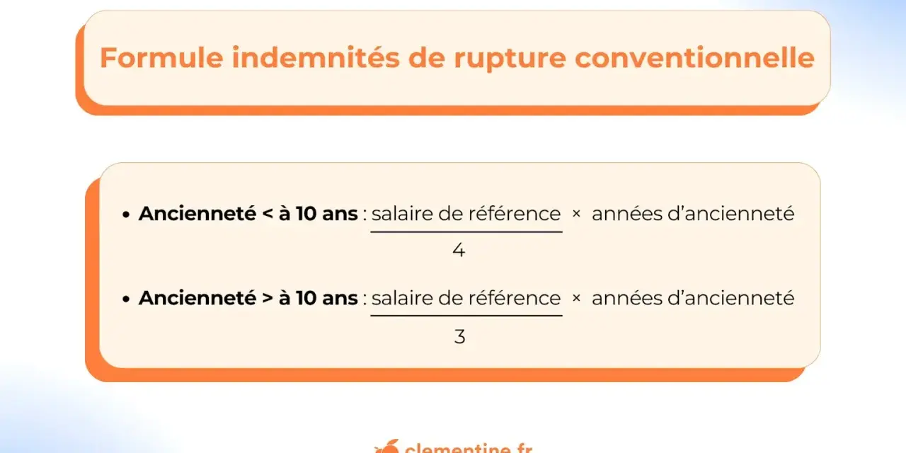 Formule pour calculer l'indemnité rupture conventionnelle brut ou net. Deux cas selon l'ancienneté : moins ou plus de 10 ans.