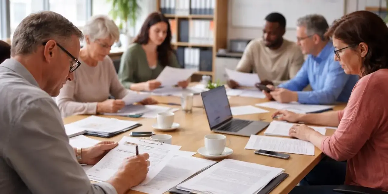 Réunion de copropriété : un homme signe un document, tandis que d'autres examinent des papiers. Le PV de la réunion de copropriété non conforme est peut-être en cours de discussion.