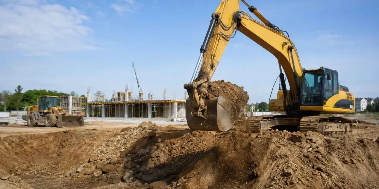 Pelleteuse jaune en action, modifiant le niveau du terrain naturel sur un chantier. Une chargeuse et une grue sont visibles en arrière-plan.