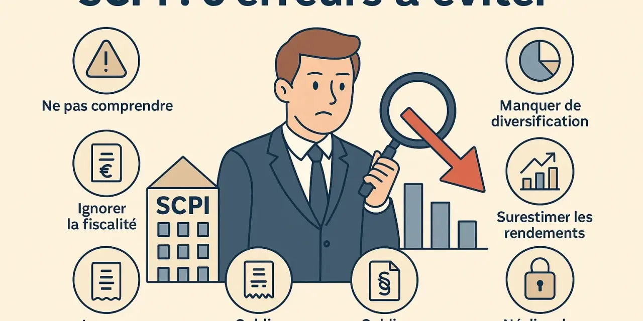 Illustration sur les erreurs à éviter en SCPI, incluant l'ignorance de la fiscalité. Un homme examine des graphiques avec une loupe.