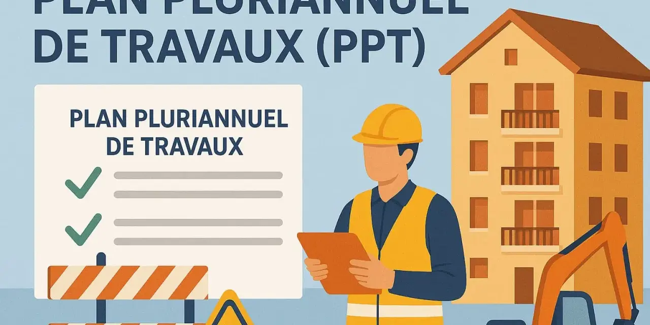 Un ouvrier consulte un plan pluriannuel de travaux devant un immeuble en construction. Une pelleteuse est visible.
