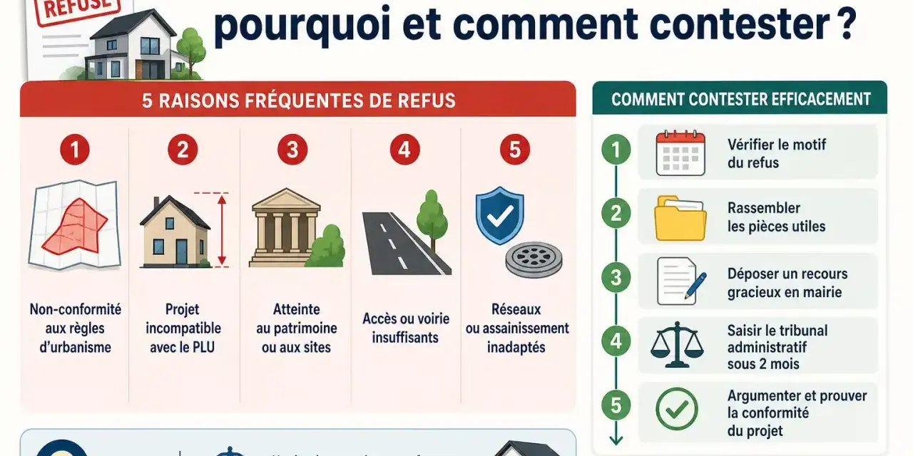 Permis de construire refusé : 5 raisons et comment contester. Déposer un recours administratif en mairie sous 3 mois est possible.