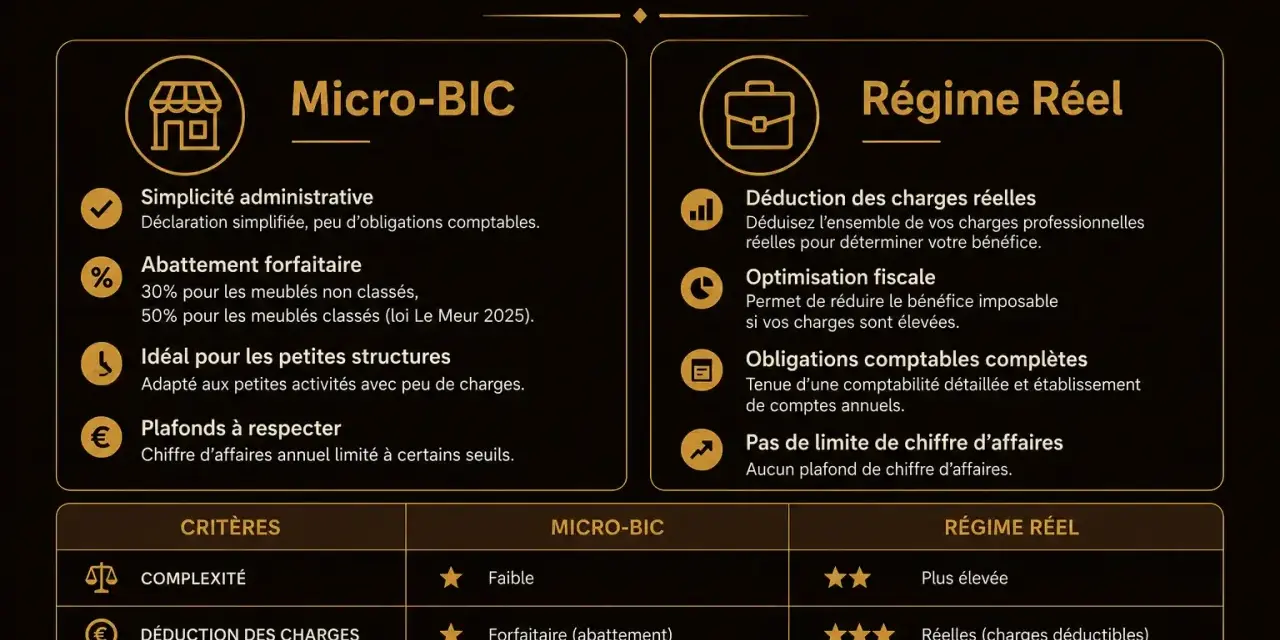 Comparaison entre le micro-BIC et le régime réel pour les entreprises. Le micro-BIC offre simplicité et forfait, idéal pour les petites structures. Le régime réel permet déduction des charges réelles.