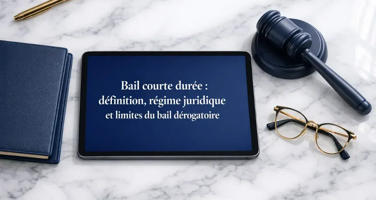 Tablette affichant "Bail courte durée : définition, régime juridique et limites du bail dérogatoire". Un marteau de juge, des lunettes et un stylo sont à proximité.