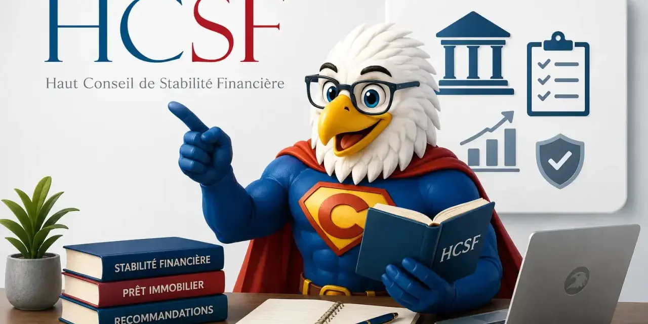 Super-aigle HCSF, gardien de la stabilité financière, lit un livre sur le crédit immobilier.