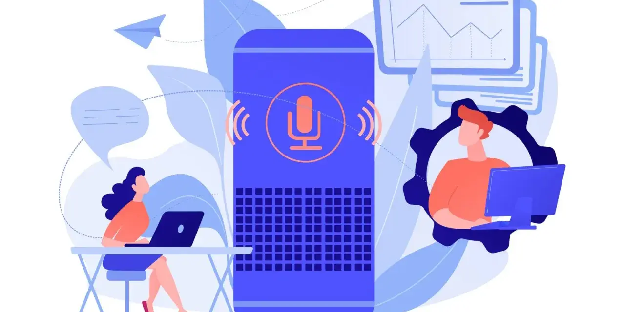 Une femme travaille sur son ordinateur, un assistant vocal est au centre. L'enregistrement audio preuve le droit du travail.