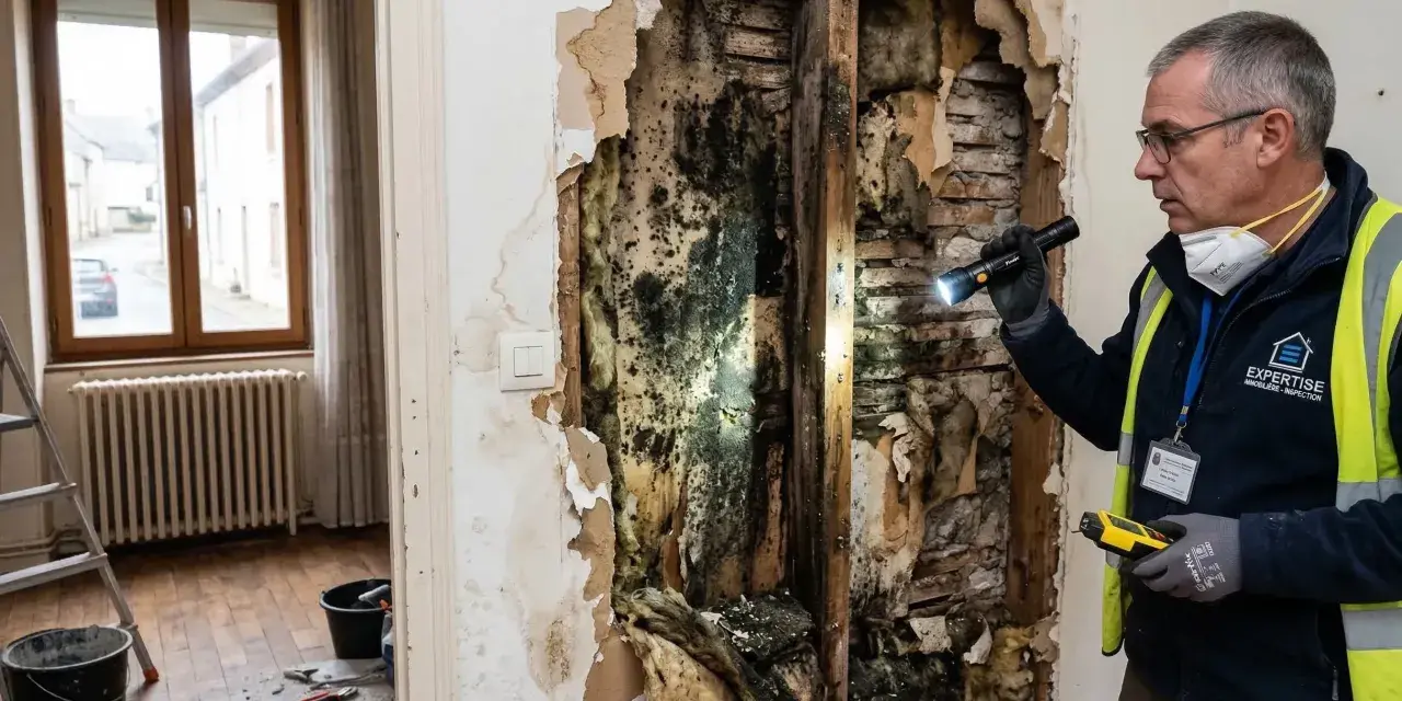 Expertise immobilière inspecte un mur dégradé par l'humidité, révélant des moisissures. Ce cas pourrait relever de la jurisprudence vice caché maison.