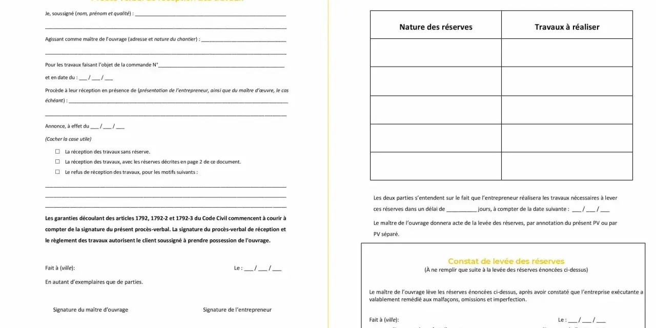Procès-verbal de réception des travaux, avec espace pour la nature des réserves et les travaux à réaliser.
