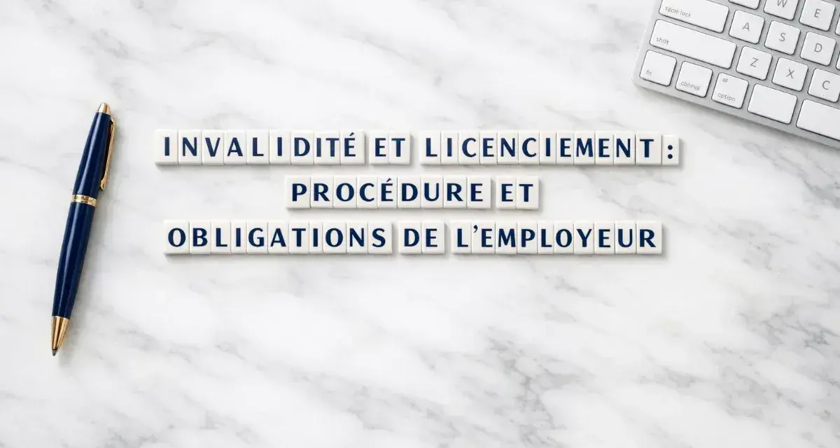 Invalidité et licenciement : procédure et obligations de l'employeur". Stylo et clavier sur fond marbre.