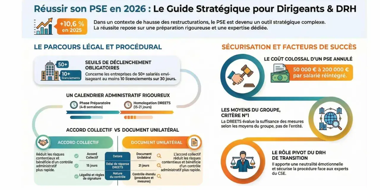Infographie sur le PSE : parcours légal, seuils, calendrier, accord collectif vs document unilatéral, sécurisation, coût d'annulation, rôle du DRH. Évite le refus inspection travail licenciement salarié protégé.