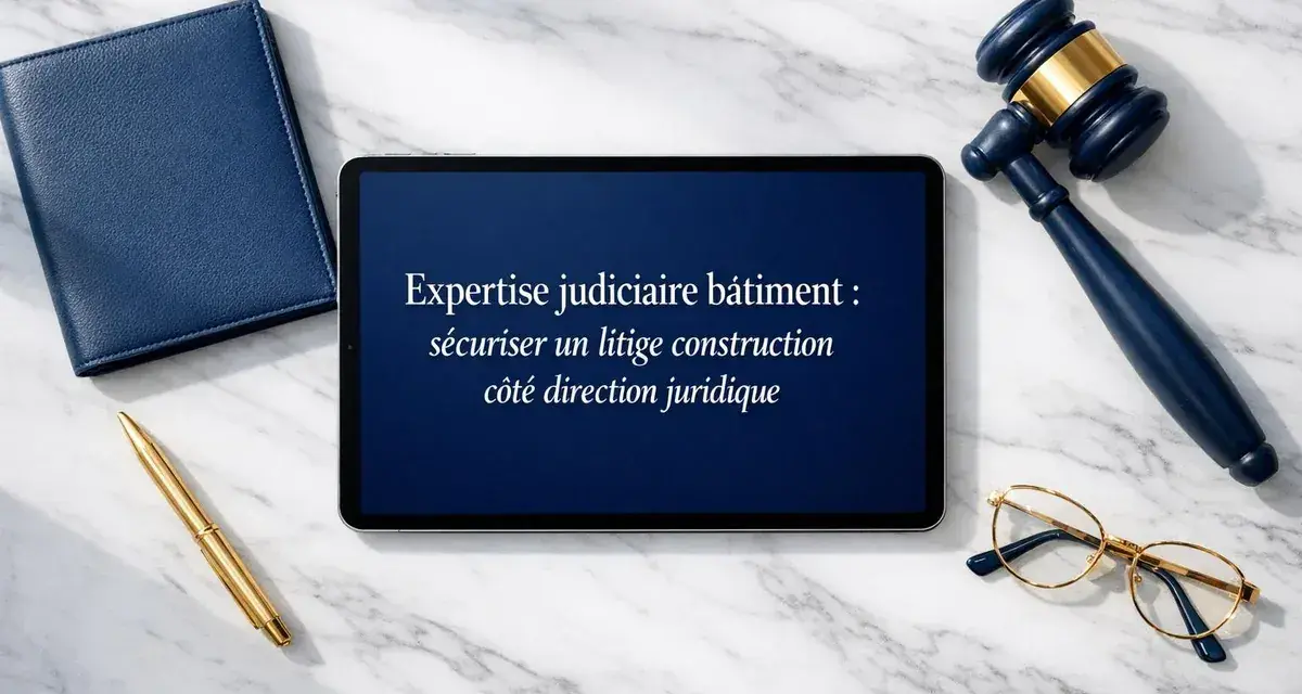 Marteau de juge, lunettes, stylo doré et tablette affichant "Expertise judiciaire bâtiment : sécuriser un litige construction côté direction juridique".