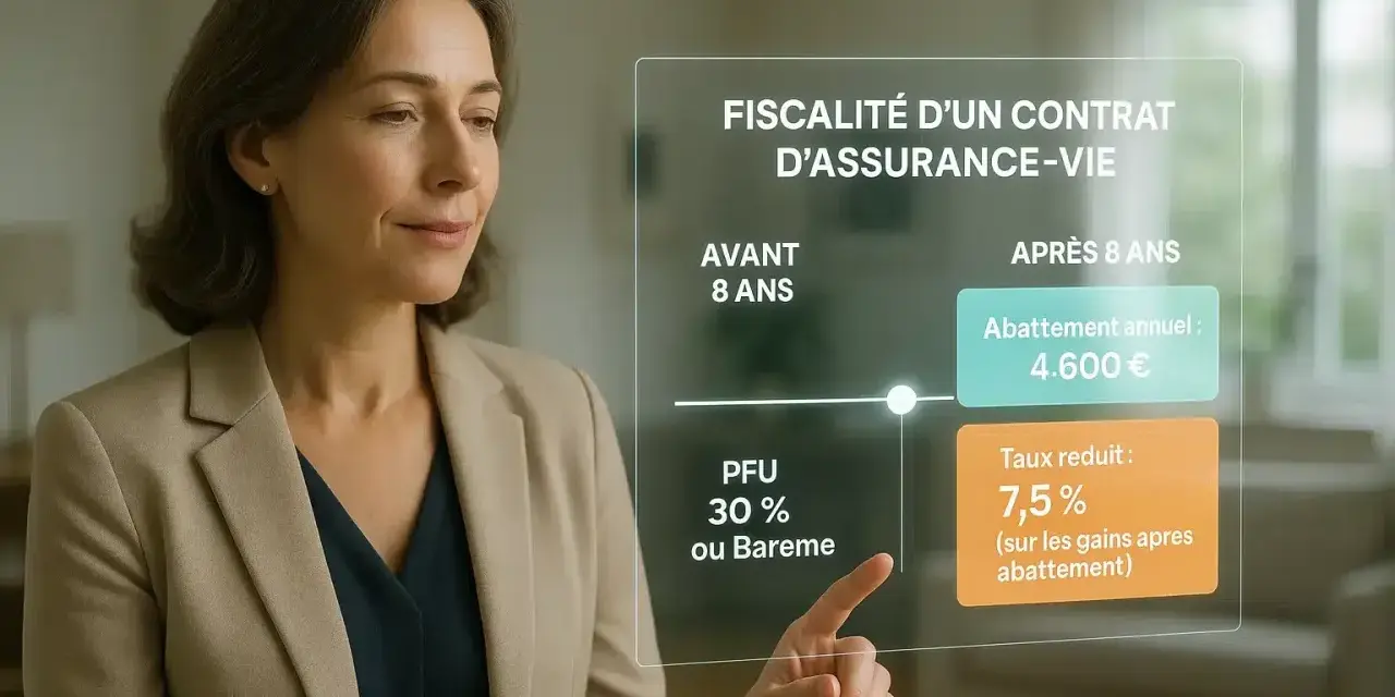 Une femme examine un écran affichant la fiscalité d'un contrat d'assurance-vie, avec des détails sur les abattements et taux réduits.