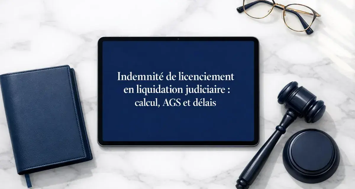 Tablette affichant "Indemnité de licenciement en liquidation judiciaire : calcul, AGS et délais", à côté d'un carnet bleu et d'un maillet de juge.