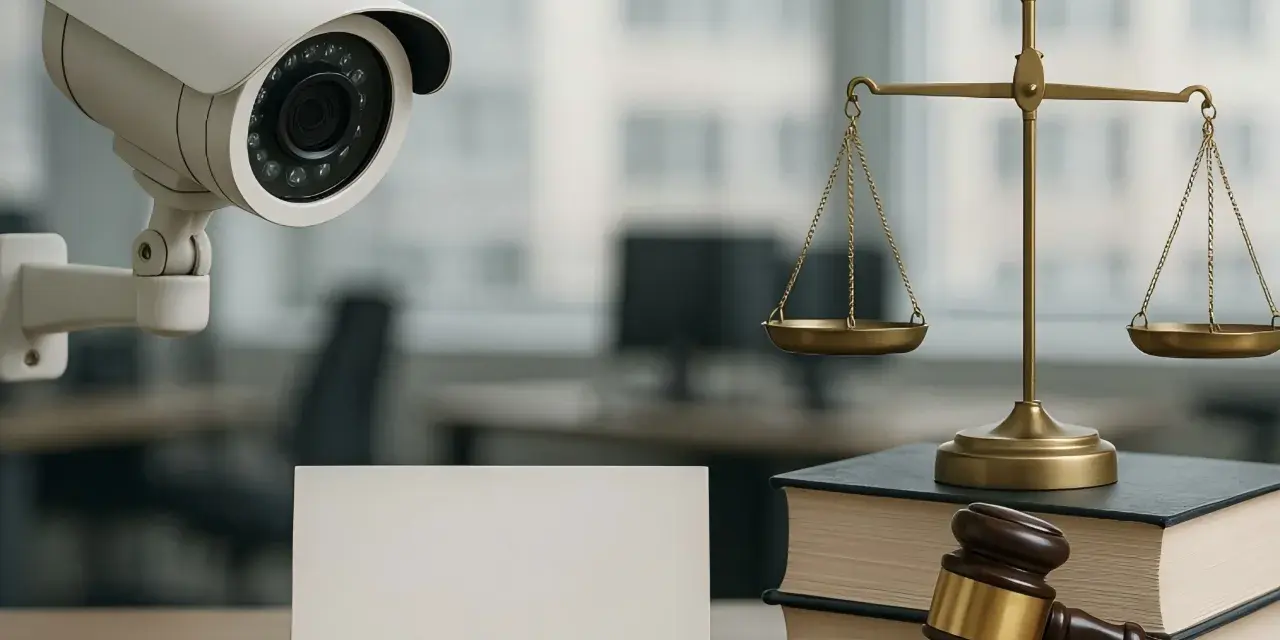Caméra de surveillance, balance de la justice et marteau d'avocat sur un bureau. La jurisprudence en matière de caméra surveillance travail est complexe.