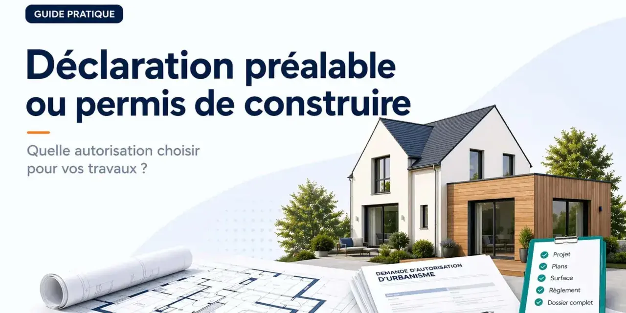 Guide pratique sur la déclaration préalable ou le permis de construire. Plans, maison moderne et formulaire d'urbanisme.