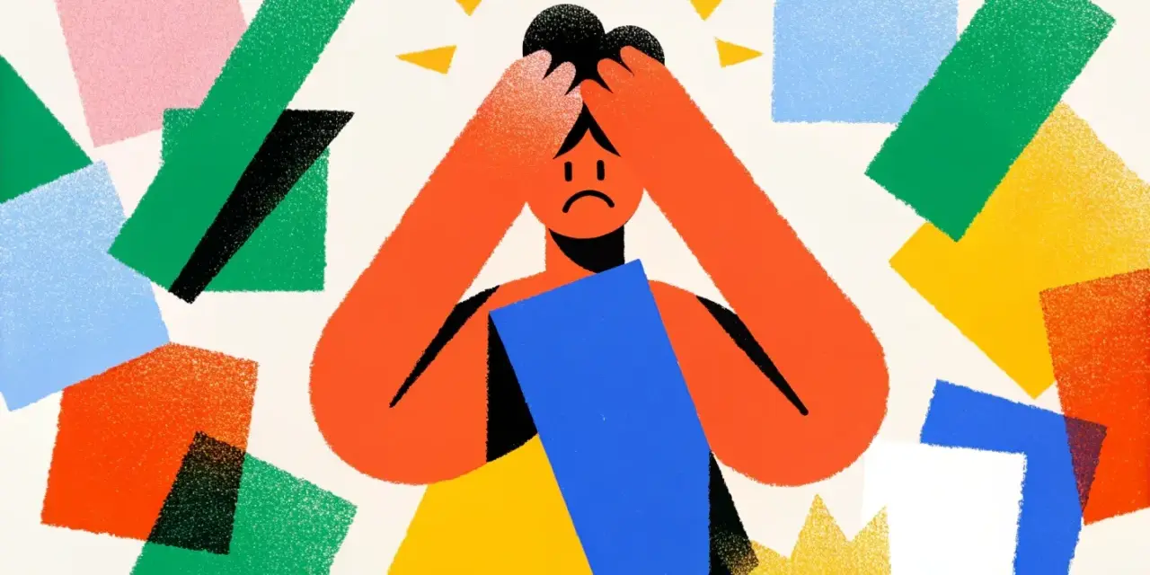 Personne accablée par des formes colorées, symbolisant le burn out fonction publique. Mains sur la tête, visage triste.